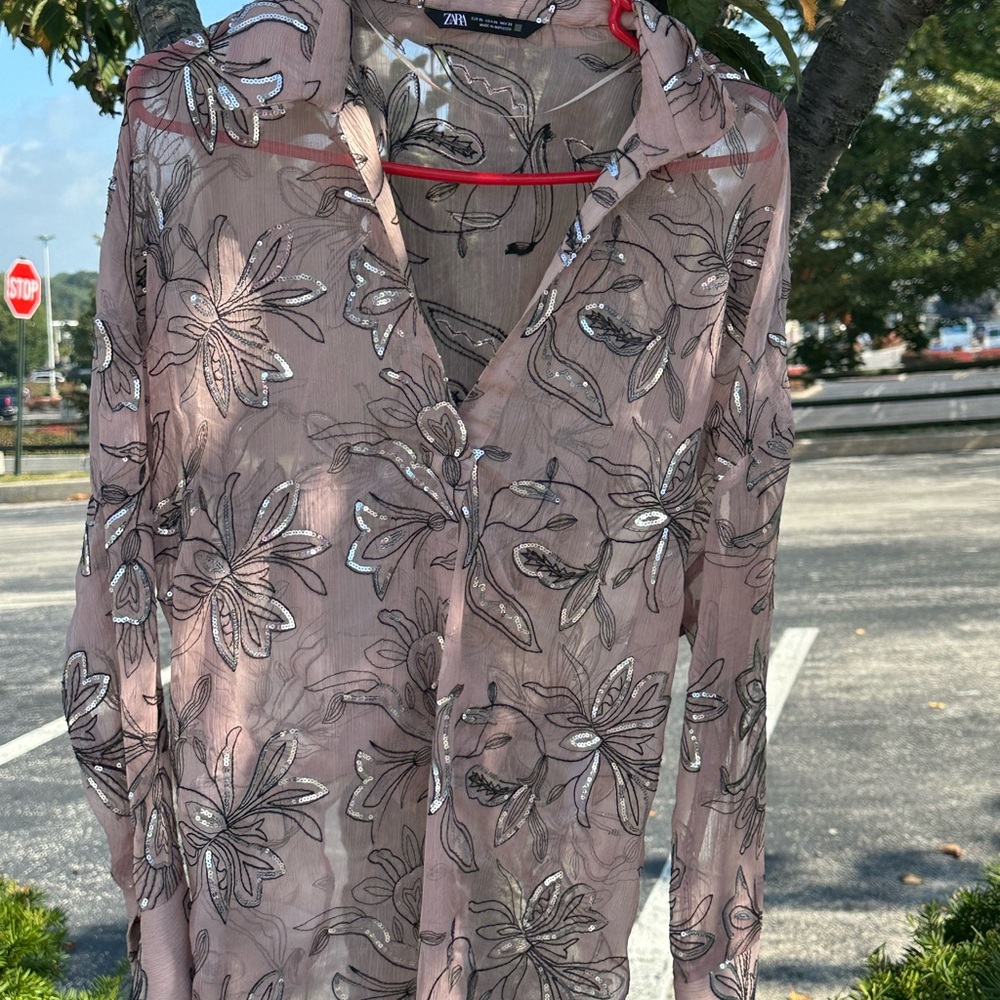 Zara Sheer Pink Floral Button Down blouse👚